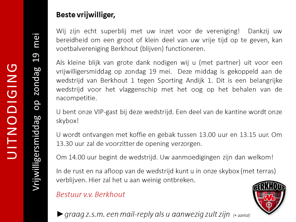 Zondag 19 mei vrijwilligersmiddag